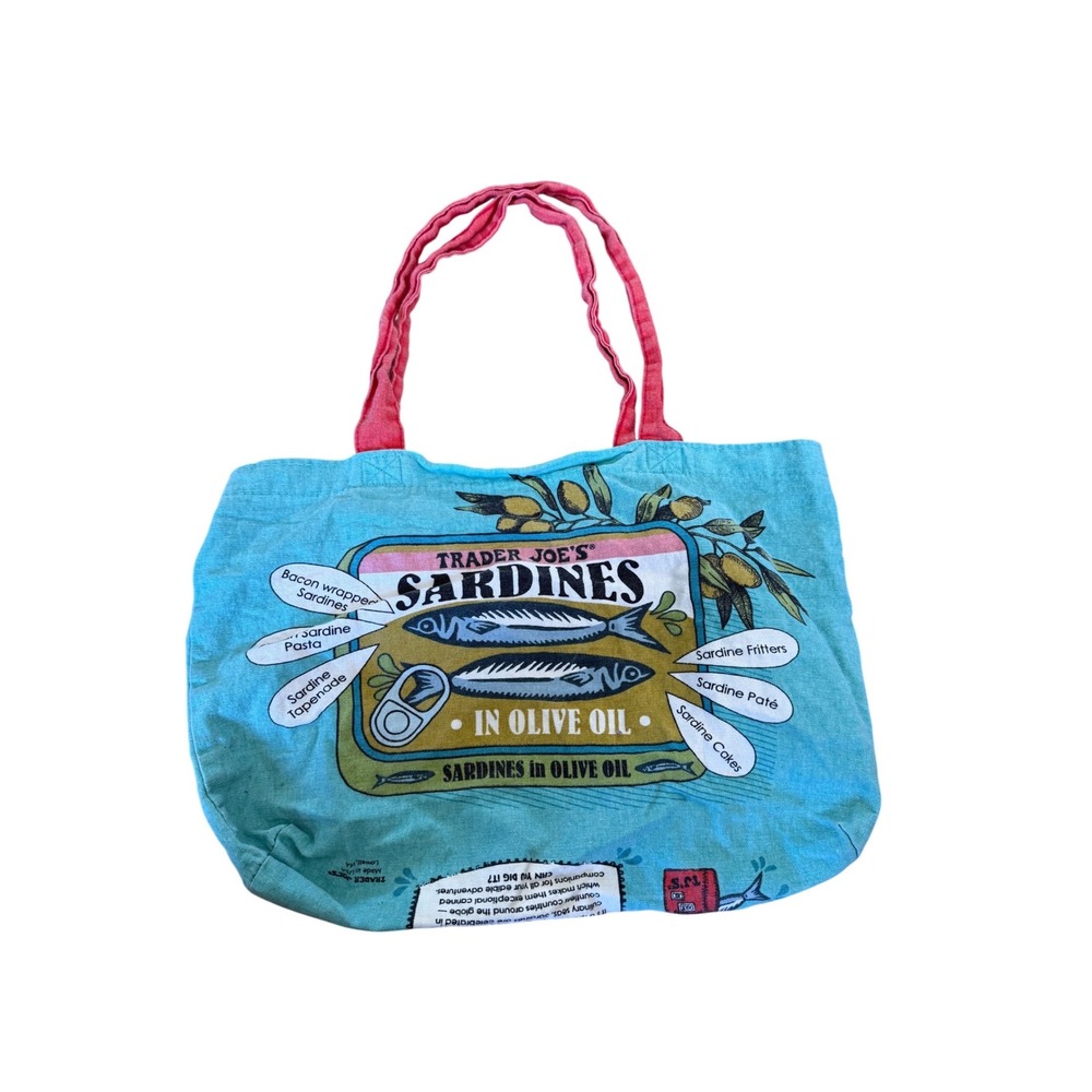 Trader Joe's Sardines in Olive Oil Canvas Tote Bag Blue Pink Reusable Shopper